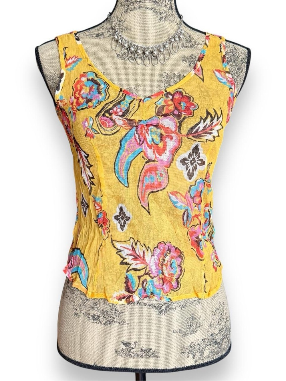 Yellow Silk Floral Paisley Sleeveless Tank Top Size S